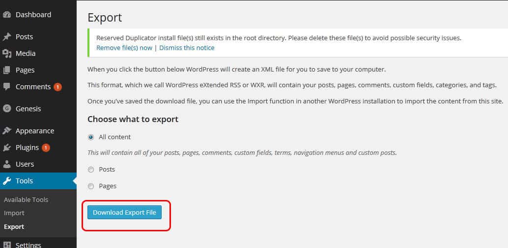 Export wordpress